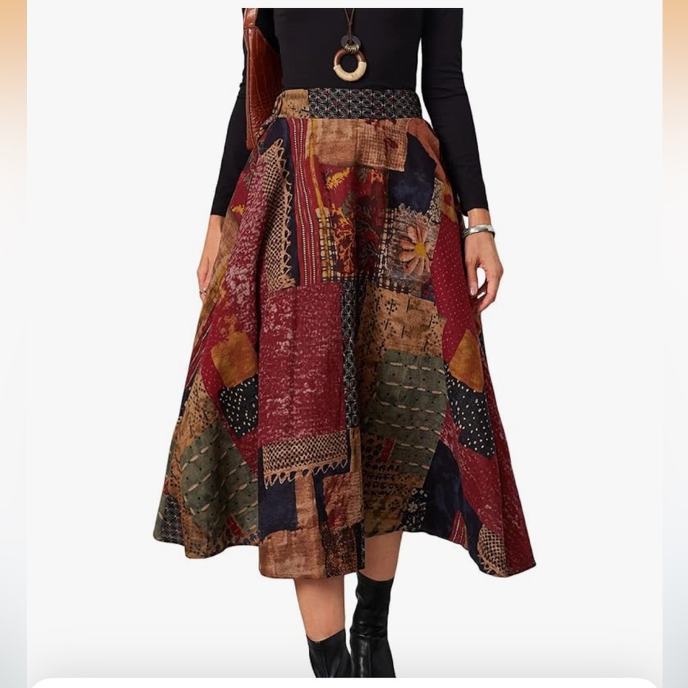 Women's Patchwork Skirt High Waisted A Line Midi Flowy Boho Vintage S NEW Retro